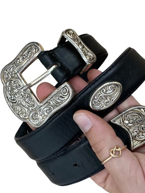 Vintage Donna Katz Black Leather Silver Studded Western Belt Sz S